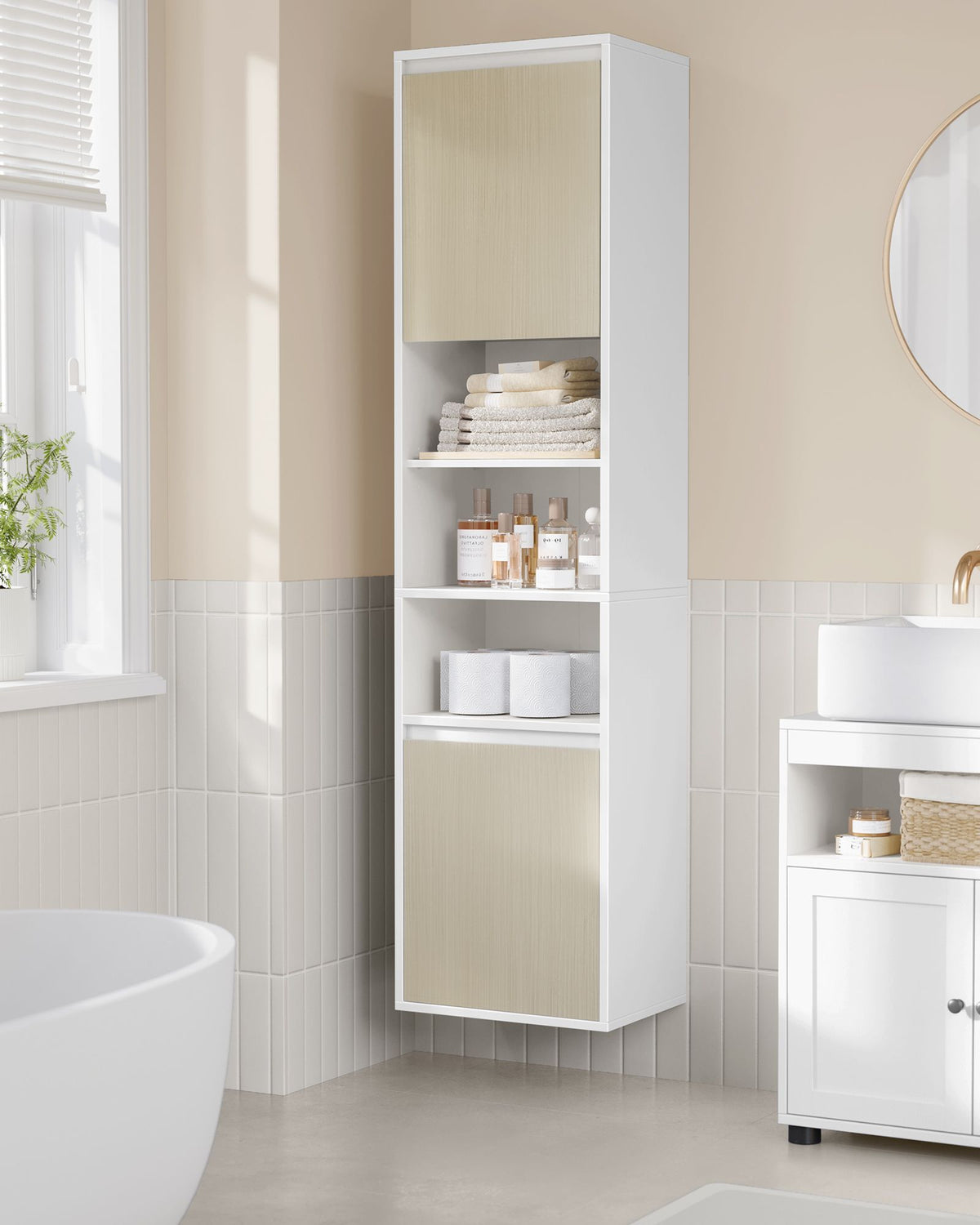 Hängender Badezimmerschrank – Weiß & Naturbeige – 30 x 40 x 160 cm