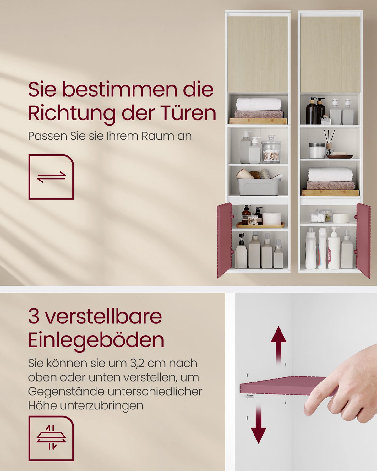 Hängender Badezimmerschrank – Weiß & Naturbeige – 30 x 40 x 160 cm