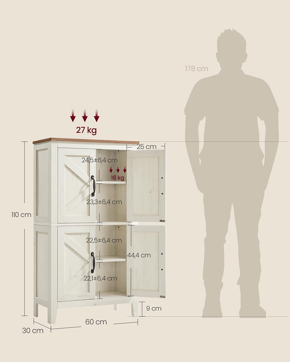 Küchenschrank – 4 Schubladen – Verstellbare Böden – Freistehend – 30 x 60 x 110 cm