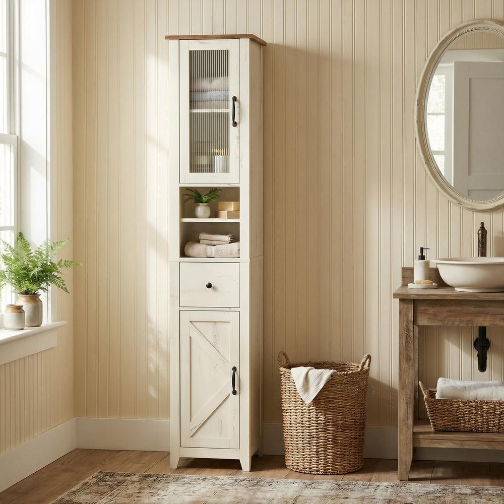 Badezimmerschrank Im Landhausstil - Schmaler Badschrank Mit Schublade Und Böden - Für Badezimmer