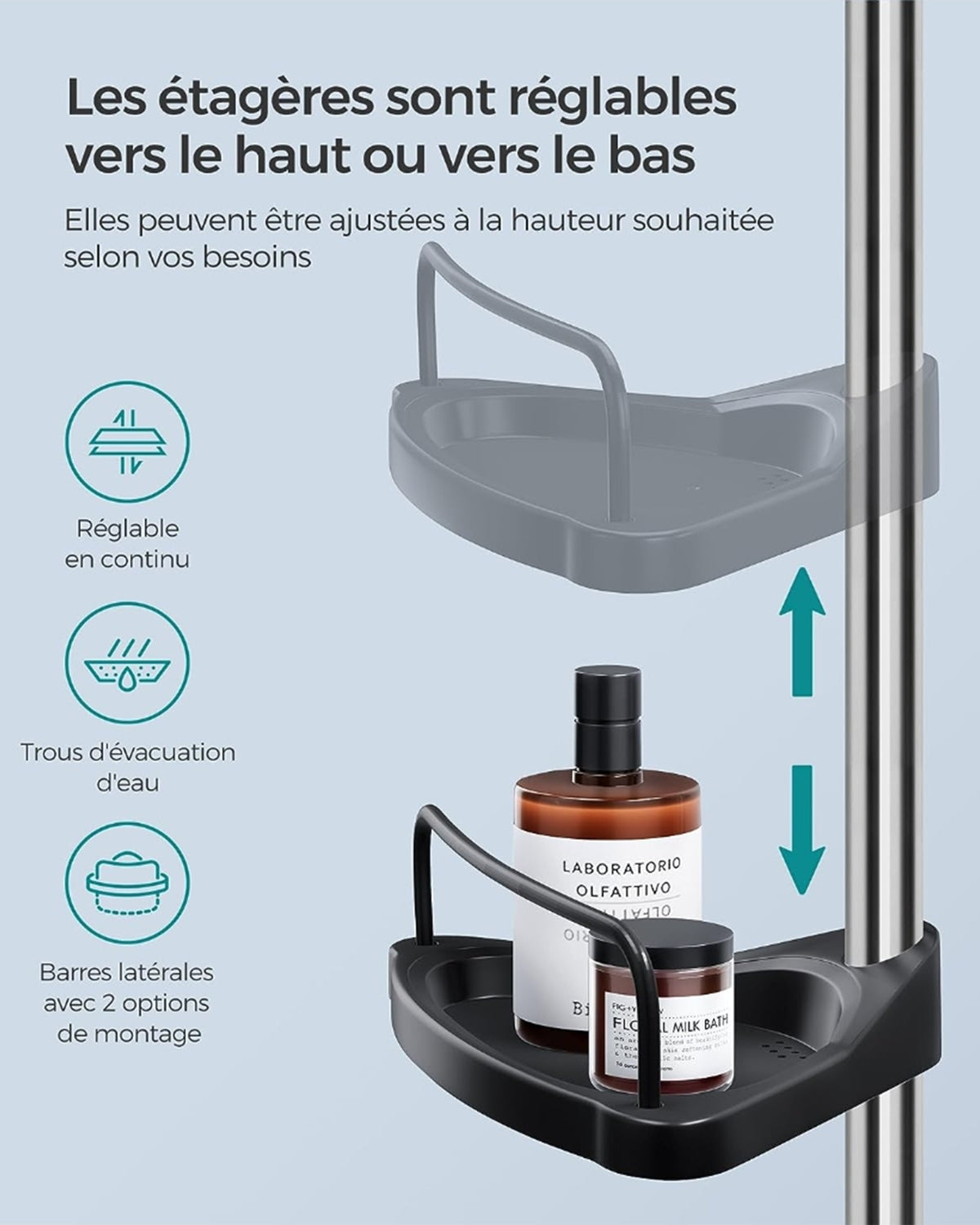 Verstellbares Duschregal aus Edelstahl mit 4 Ablagen, Haken und Handtuchhalter – rostfrei, wasserabweisend und robust – ausziehbar von 95 bis 300 cm