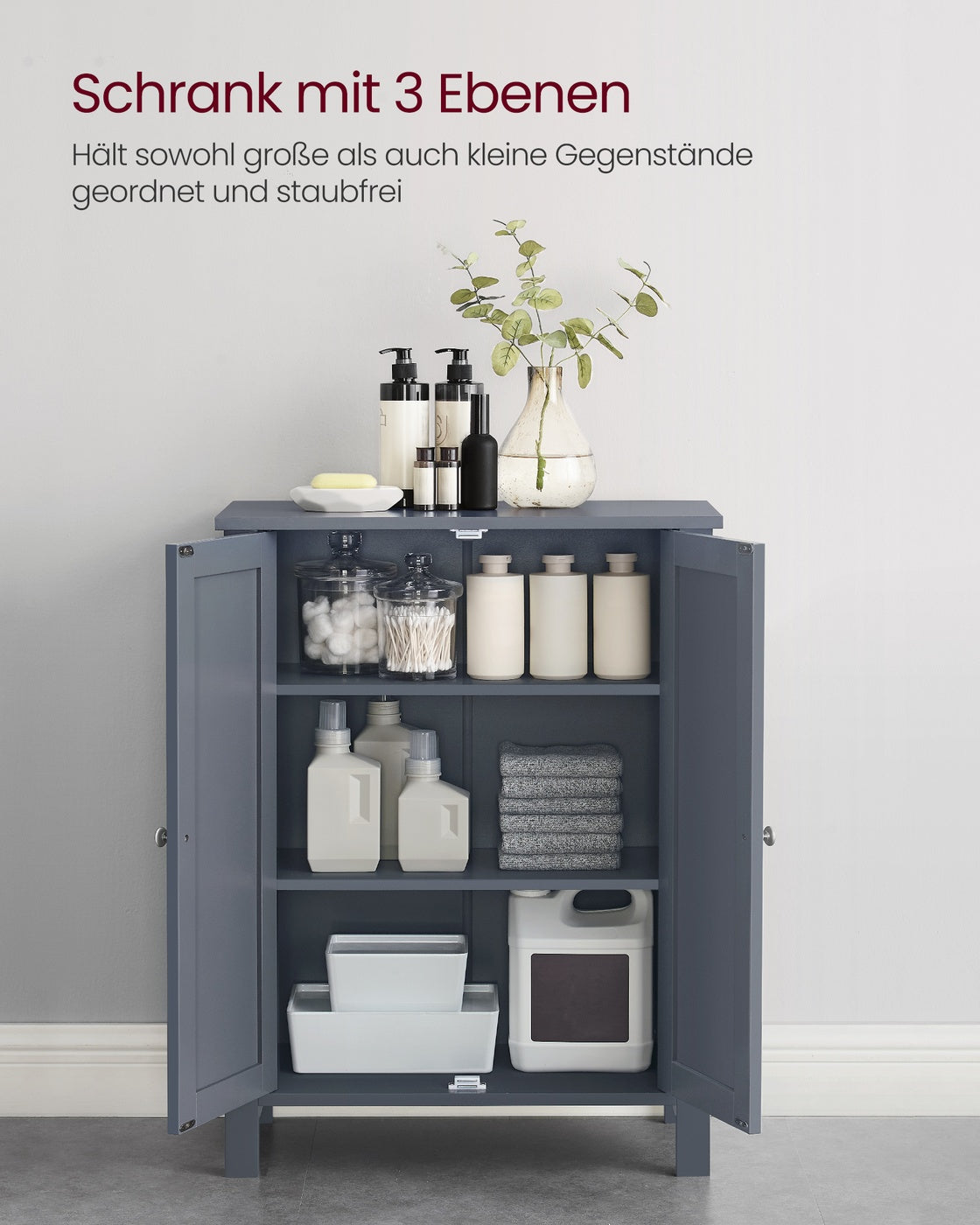 Freistehender Badezimmerschrank mit 2 Türen – Inklusive 2 verstellbaren Regalen – 80 cm hoch – Grau