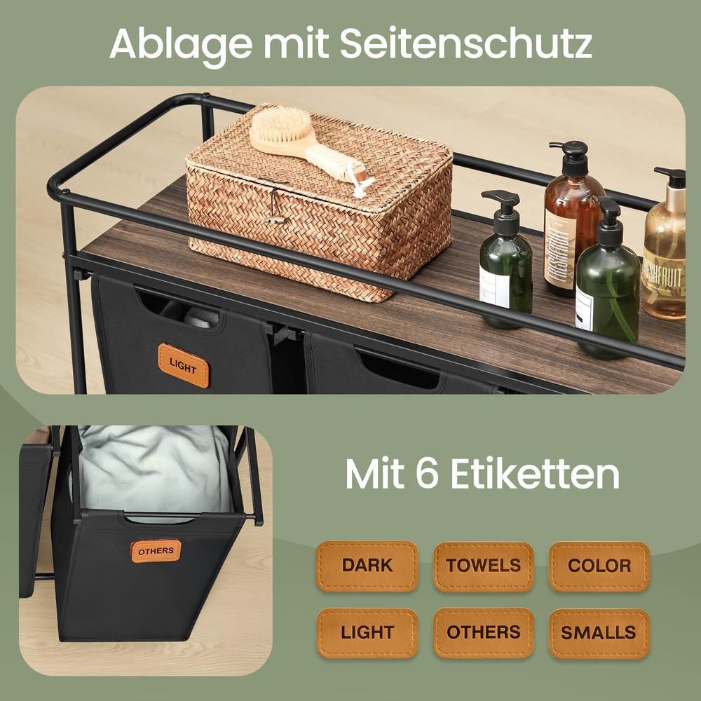 Wäschekorb - 3 Fächer - 150 Liter Gesamt - Mit Rollen Und Ablage