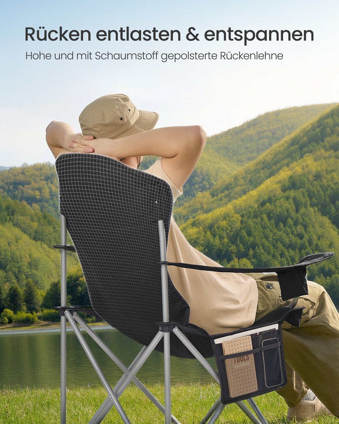 Klappbarer Campingstuhl – Extra breite Sitzfläche – Mit Getränkehalter und Aufbewahrungstasche