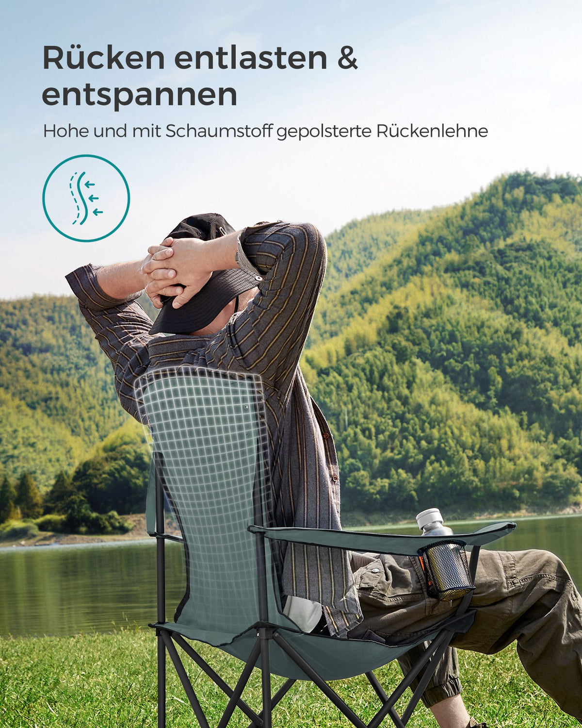 Klappbarer Outdoor-Komfortstuhl – Extra breit – Verstärkter Rahmen – Mit Getränkehalter und Tragetasche
