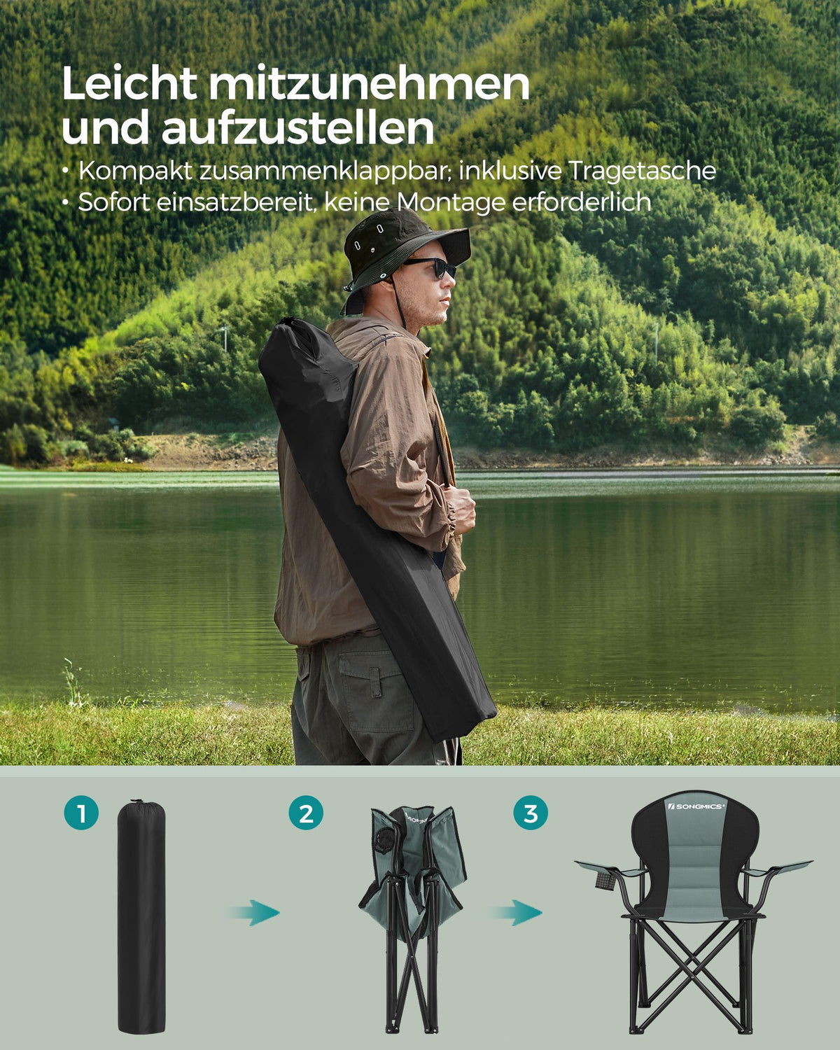 Klappbarer Outdoor-Komfortstuhl – Extra breit – Verstärkter Rahmen – Mit Getränkehalter und Tragetasche