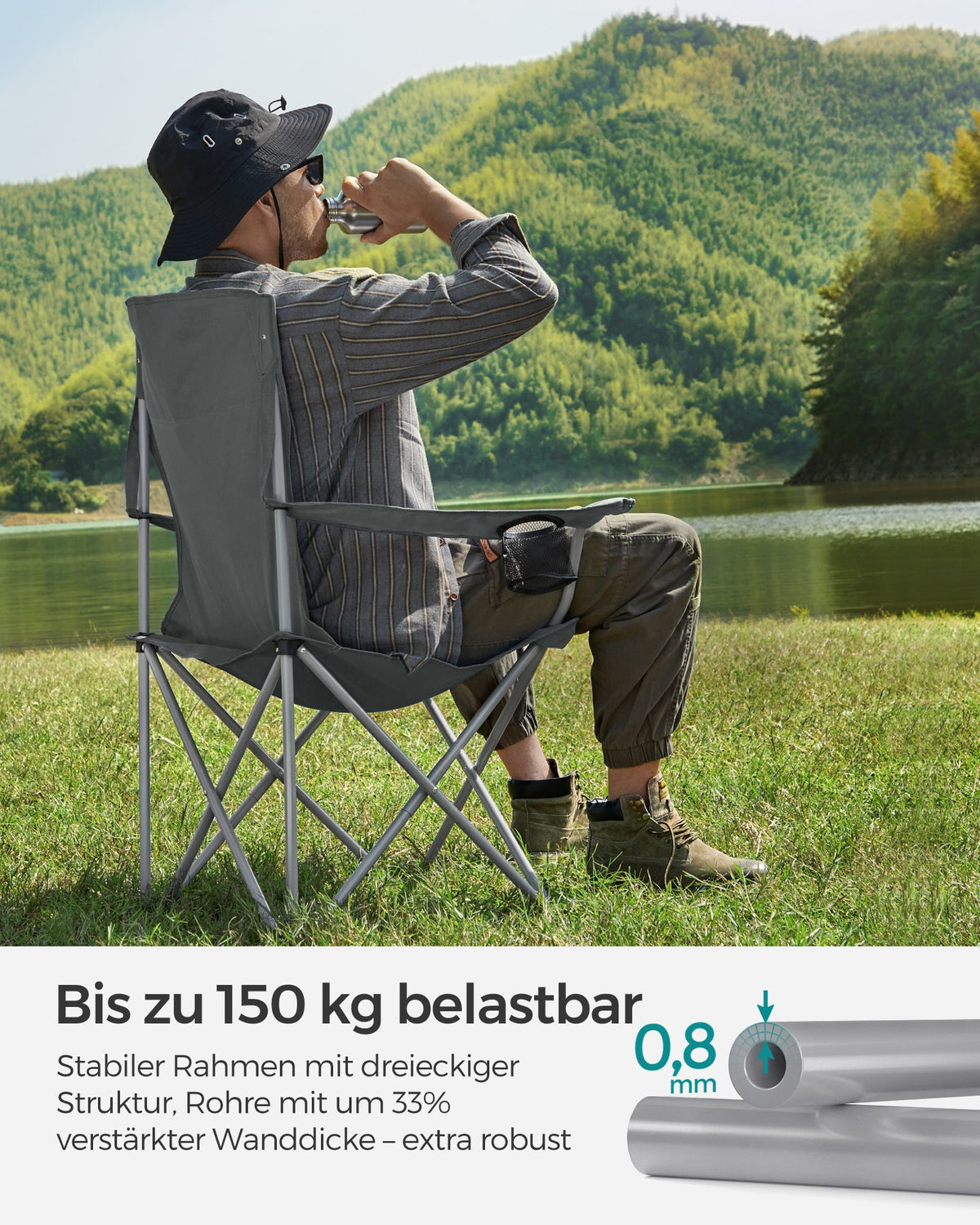 Campingstuhl – Klappbar – Komfortabel und stabil – Getränkehalter – Maximale Belastbarkeit 150 kg