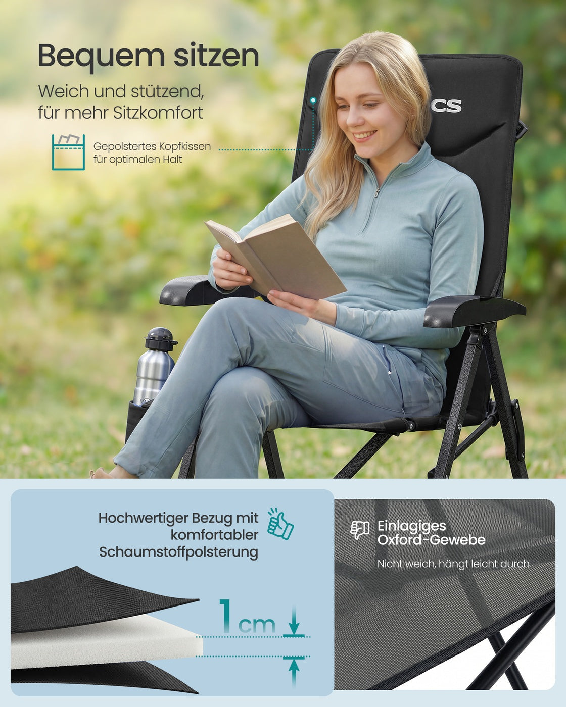 Verstellbarer Campingstuhl – Klappstuhl mit hoher Rückenlehne – mit Kopfstütze und Getränkehalter