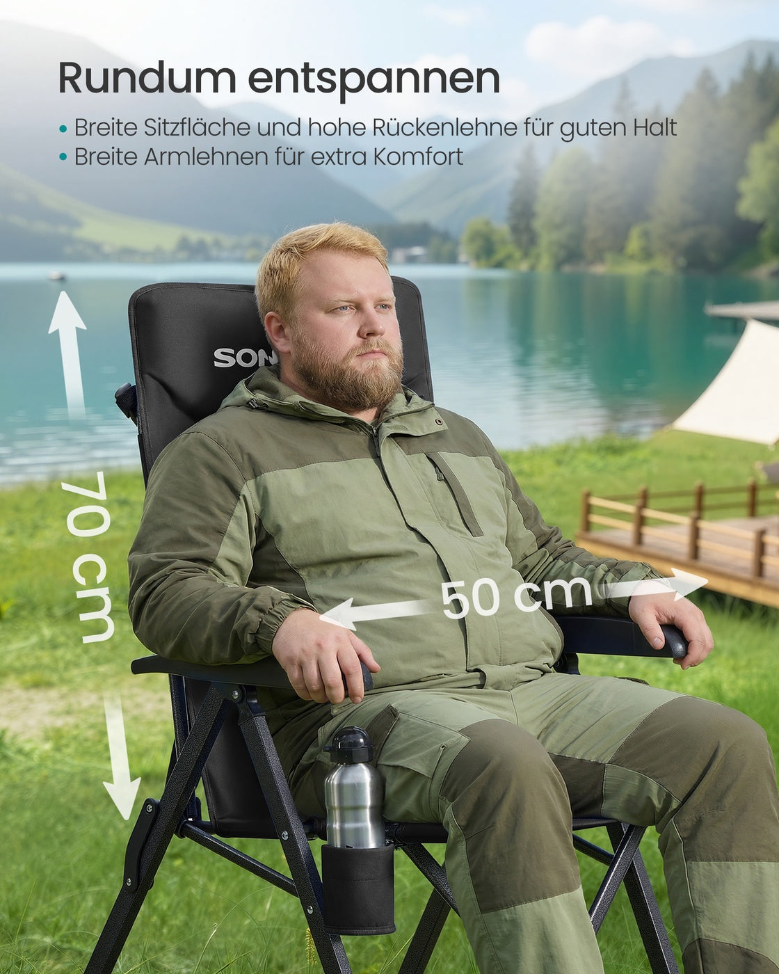 Verstellbarer Campingstuhl – Klappstuhl mit hoher Rückenlehne – mit Kopfstütze und Getränkehalter