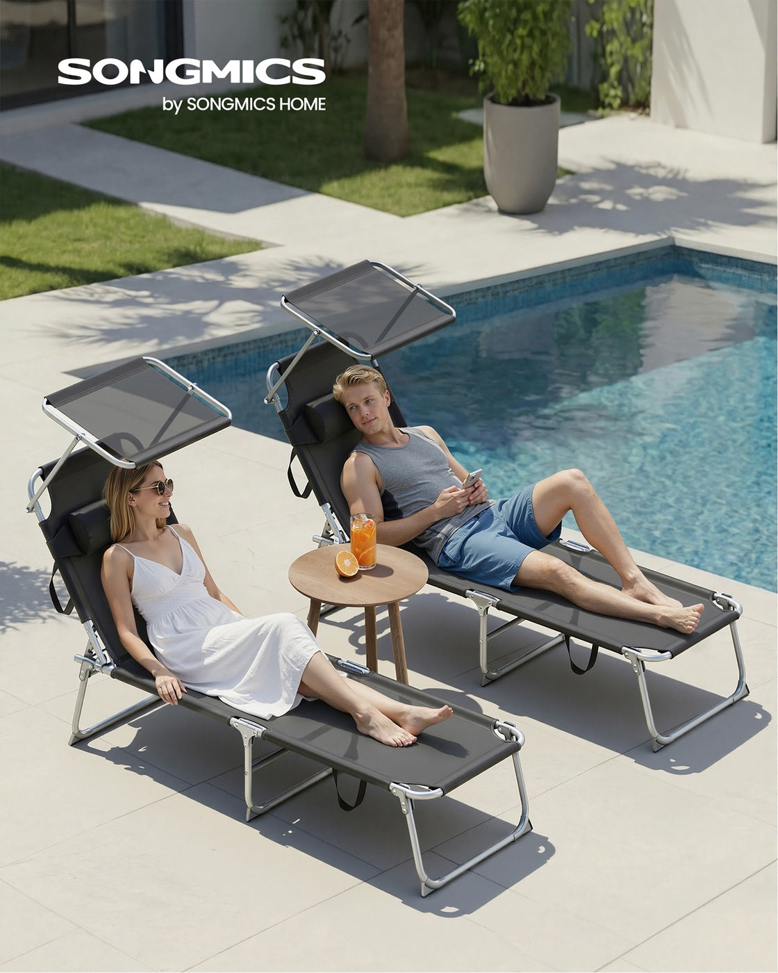 Klappbare Gartenliege Set Von 2 - Verstellbare Liegen Mit Sonnendach - Klappbare Relaxliegen Für Garten Und Balkon