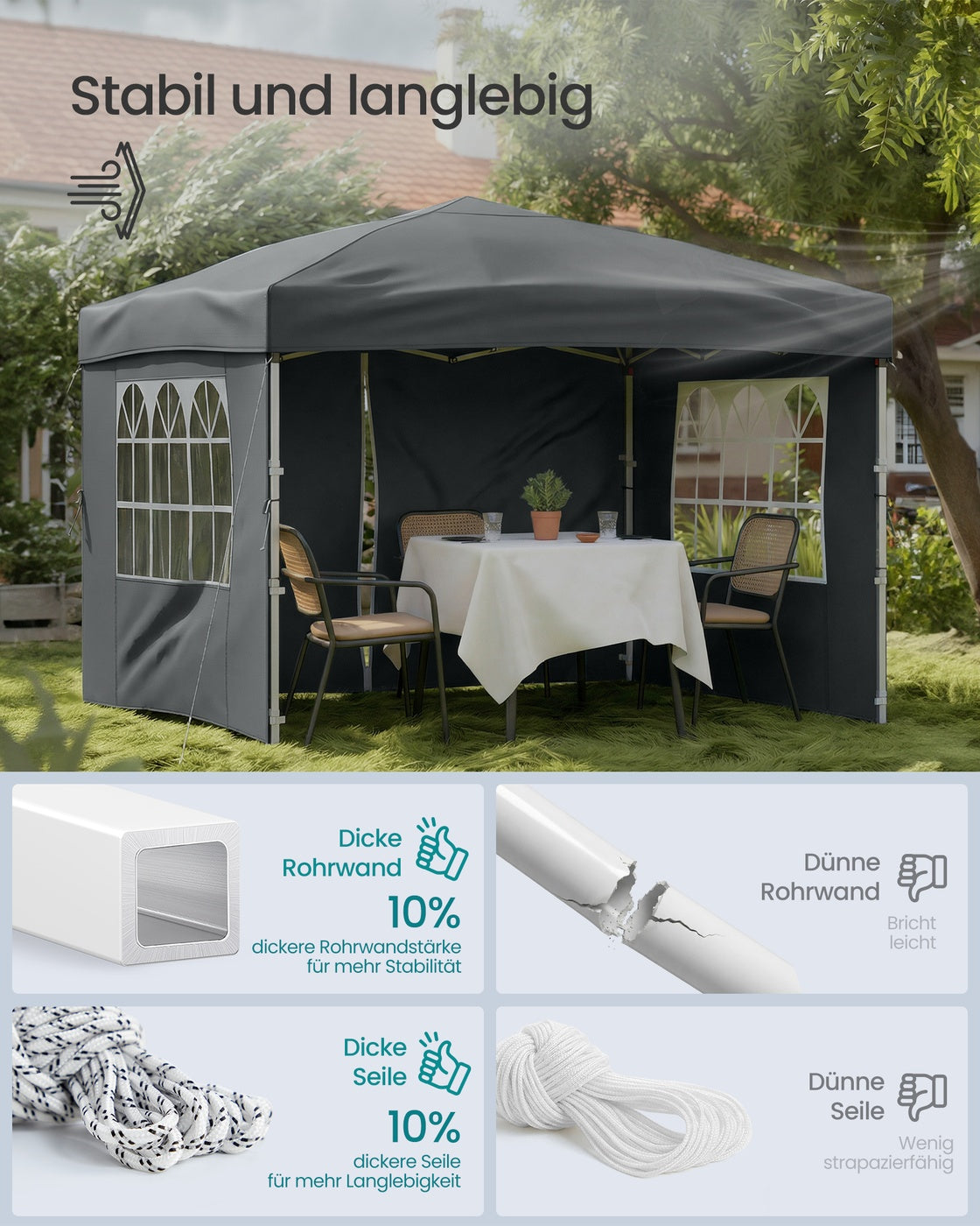 Faltbares Partyzelt – Gartenpavillon mit Seitenwänden – 3 x 3 m – UV- und wasserabweisend – mit Tragetasche