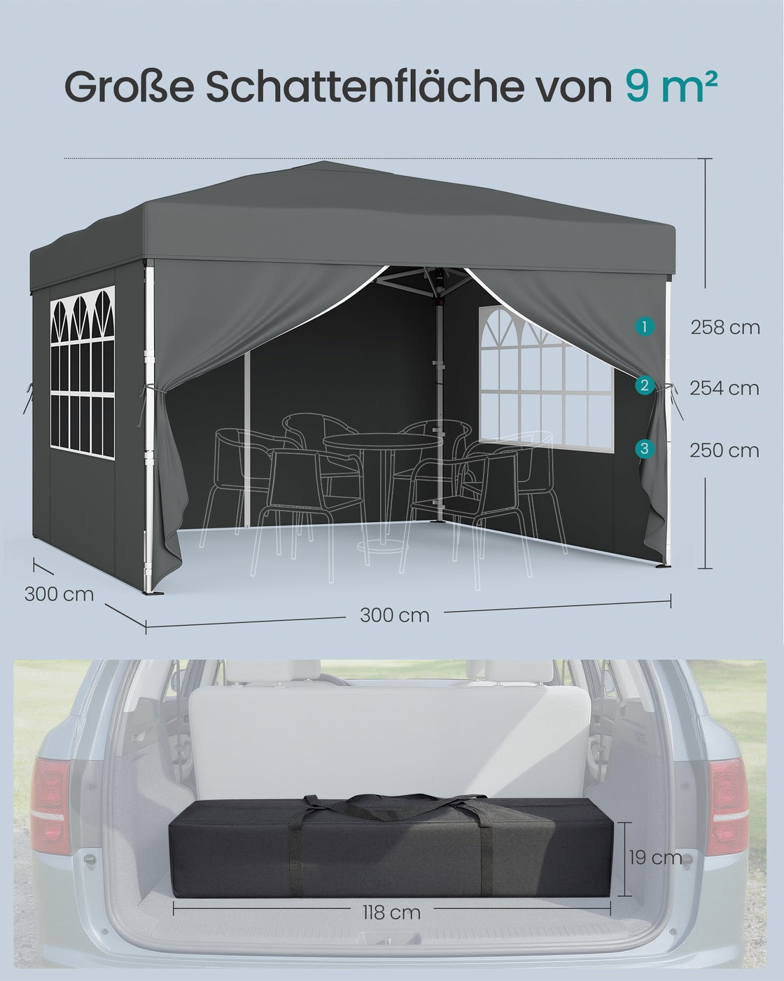 Faltbares Partyzelt – Gartenpavillon mit Seitenwänden – 3 x 3 m – UV- und wasserabweisend – mit Tragetasche