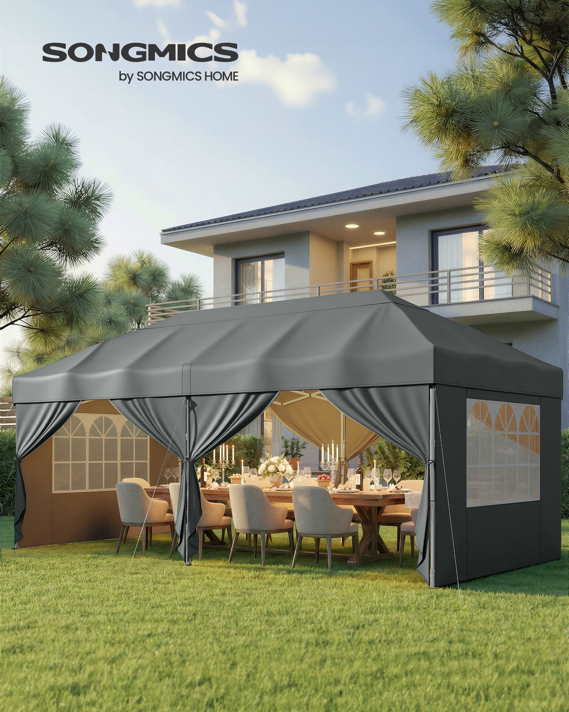 Partyzelt 3 x 6 m mit Seitenwänden – faltbarer Pavillon – Gartenpavillon – Sonnenschutz – leicht und regendicht – tragbar