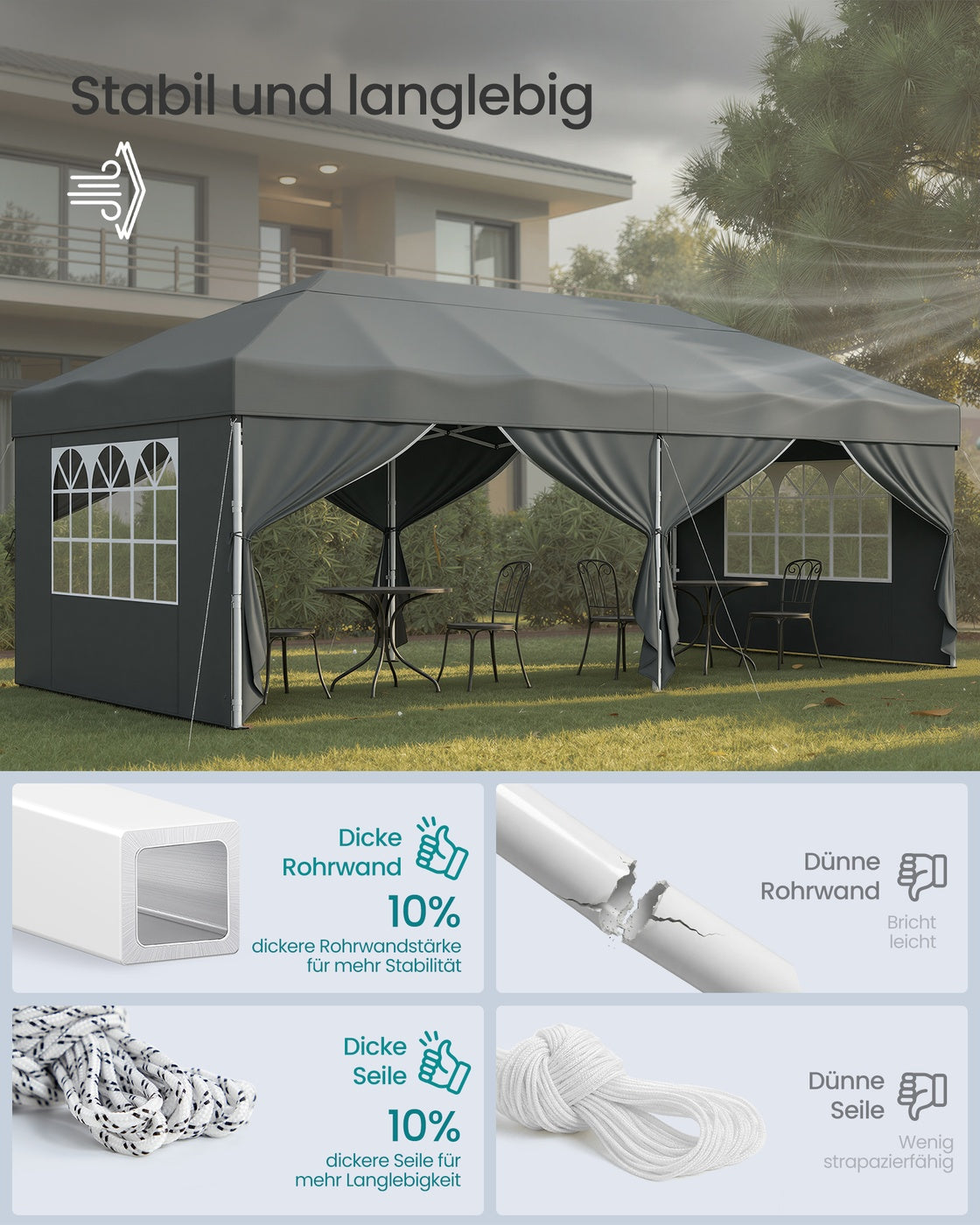 Partyzelt 3 x 6 m mit Seitenwänden – faltbarer Pavillon – Gartenpavillon – Sonnenschutz – leicht und regendicht – tragbar