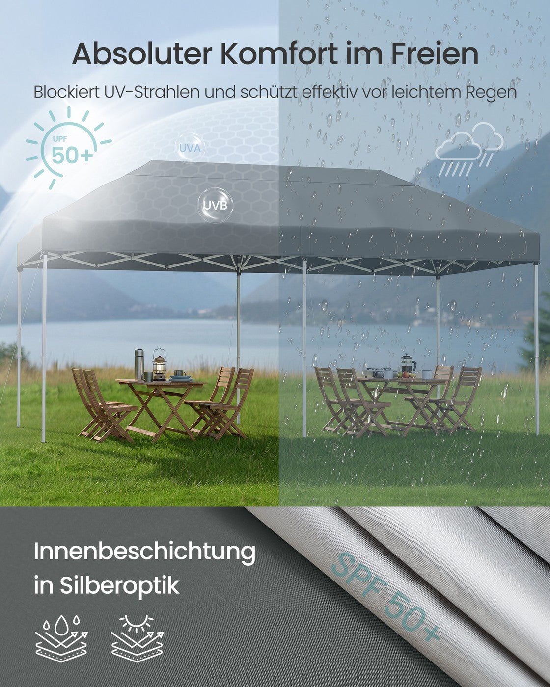 Partyzelt 3 x 6 m mit Seitenwänden – faltbarer Pavillon – Gartenpavillon – Sonnenschutz – leicht und regendicht – tragbar