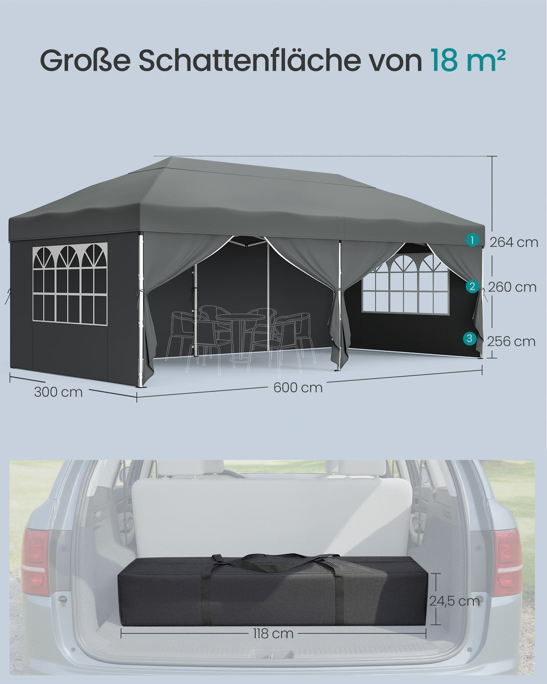 Partyzelt 3 x 6 m mit Seitenwänden – faltbarer Pavillon – Gartenpavillon – Sonnenschutz – leicht und regendicht – tragbar
