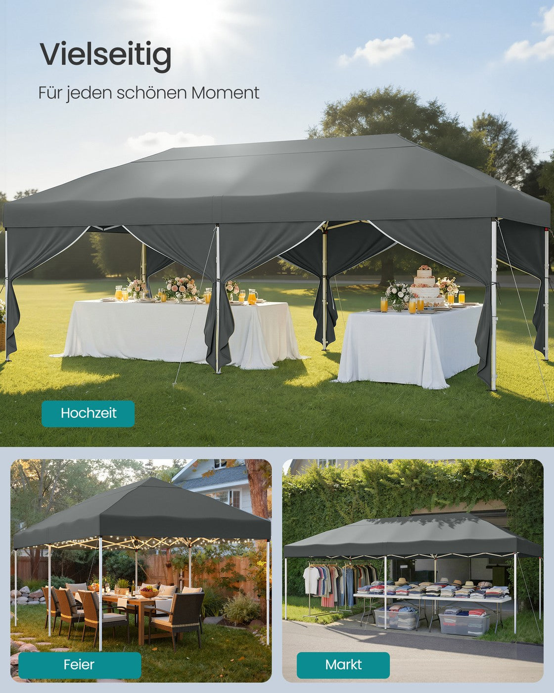 Partyzelt 3 x 6 m mit Seitenwänden – faltbarer Pavillon – Gartenpavillon – Sonnenschutz – leicht und regendicht – tragbar