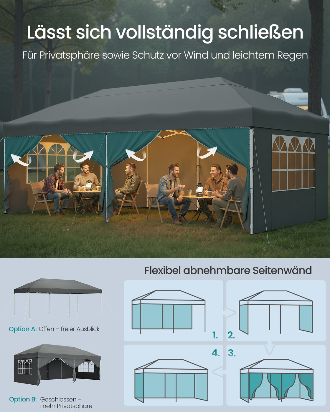 Partyzelt 3 x 6 m mit Seitenwänden – faltbarer Pavillon – Gartenpavillon – Sonnenschutz – leicht und regendicht – tragbar