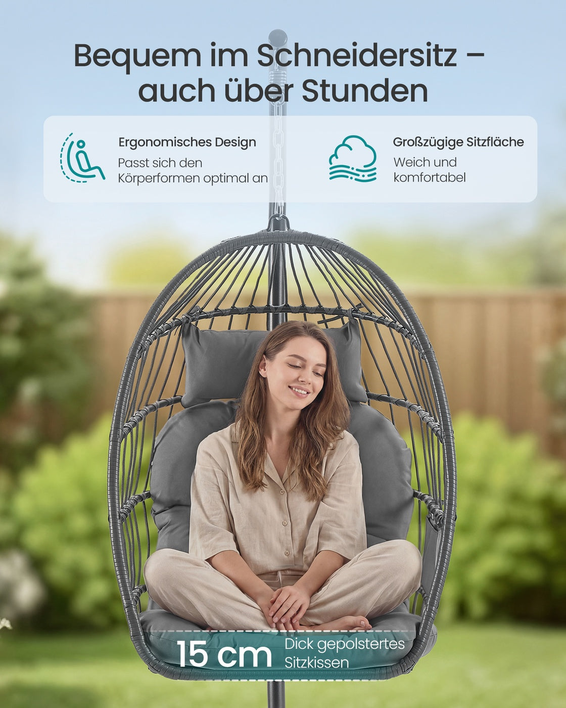 Hängesessel mit Gestell – Höhenverstellbar – Mit Kissen und Staufach – Für den Innen- und Außenbereich