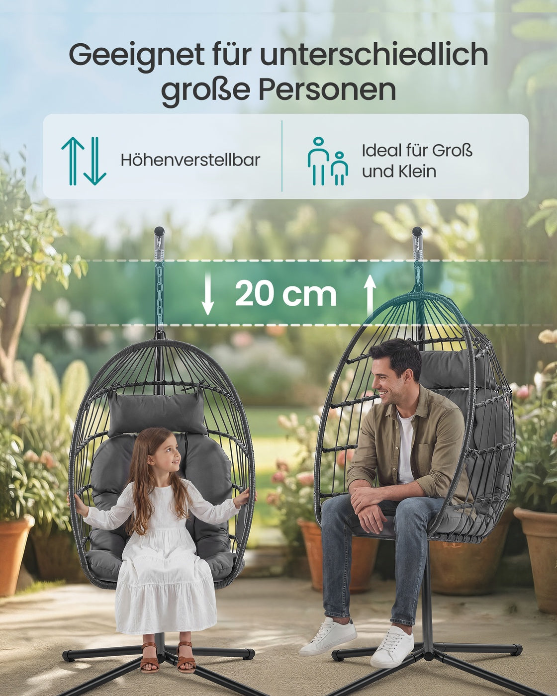Hängesessel mit Gestell – Höhenverstellbar – Mit Kissen und Staufach – Für den Innen- und Außenbereich