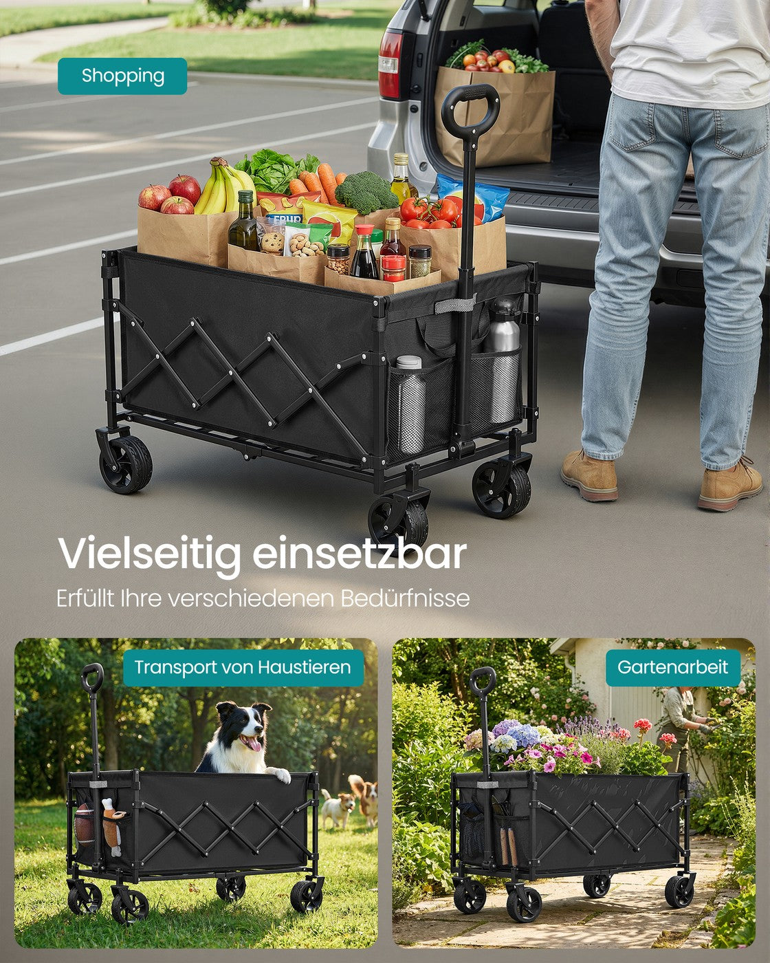Klappbarer Bollerwagen - Transportwagen Mit Abnehmbaren Rädern - Handwagen Für Garten, Camping Und Strand