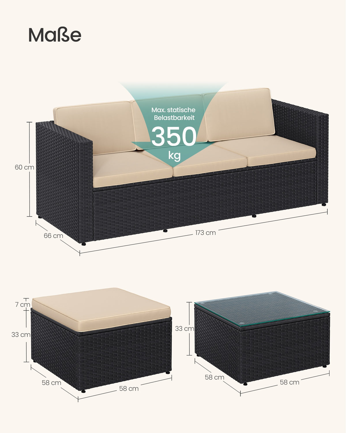 Lounge Set mit Tisch - Gartenbank - Gartenset - Polyrattan Gartenmöbel Set
