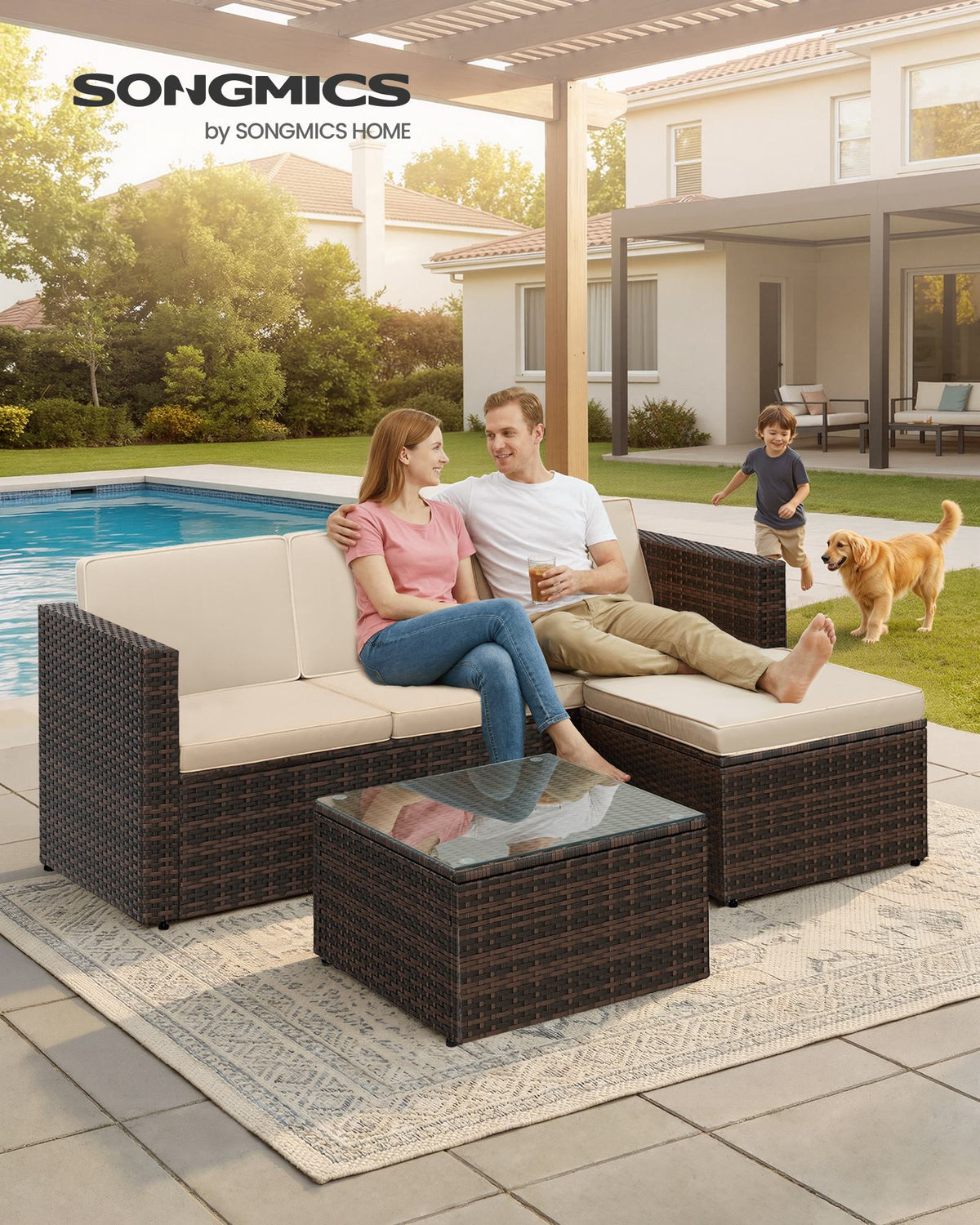 Lounge Set mit Tisch - Gartenbank - Gartenset - Polyrattan Gartenmöbel Set