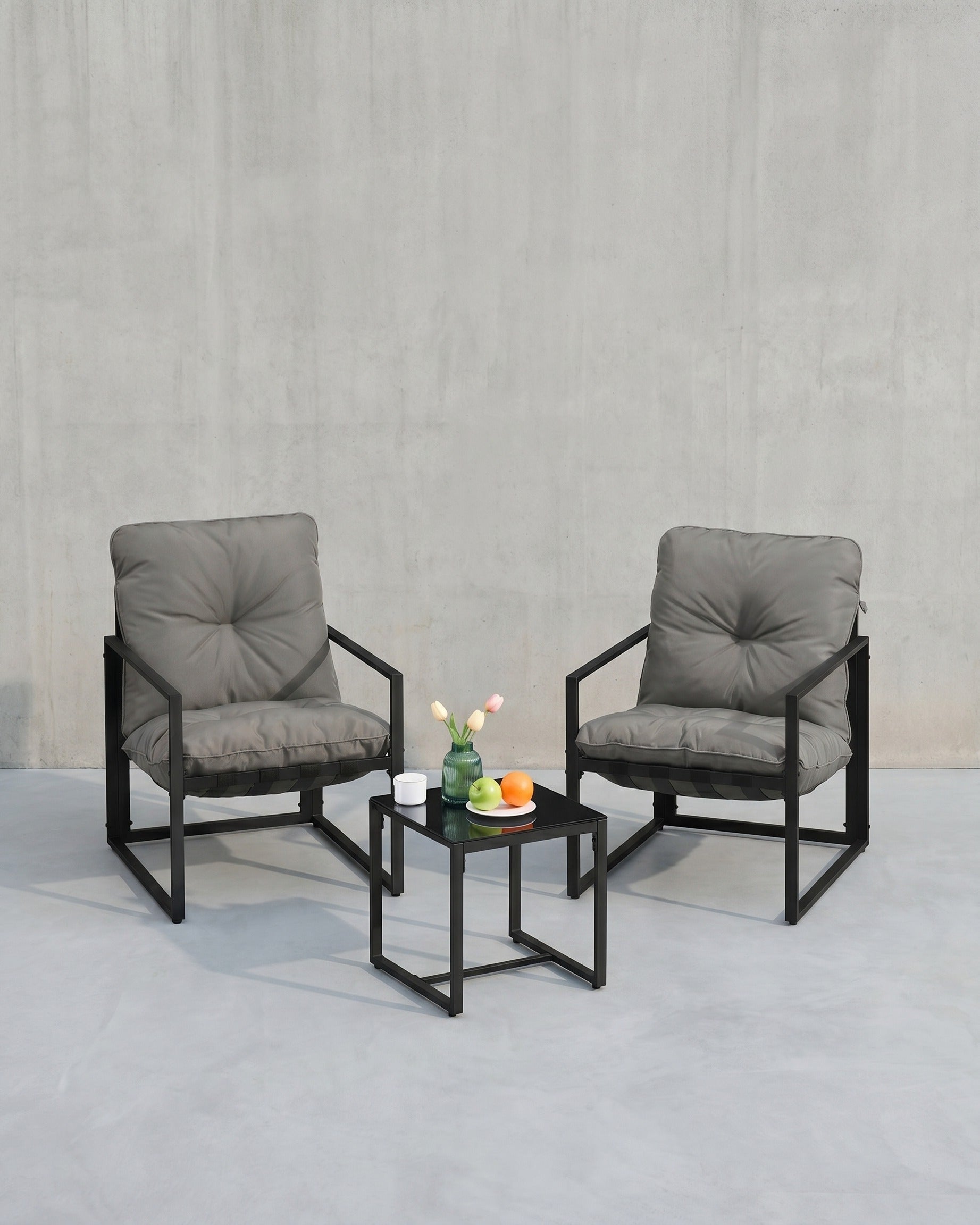 Gartenmöbel-Set – Balkon-Set mit Stühlen und Tisch – Stahlgestell – mit dicken Kissen – für Balkon und Terrasse – 3-teilig