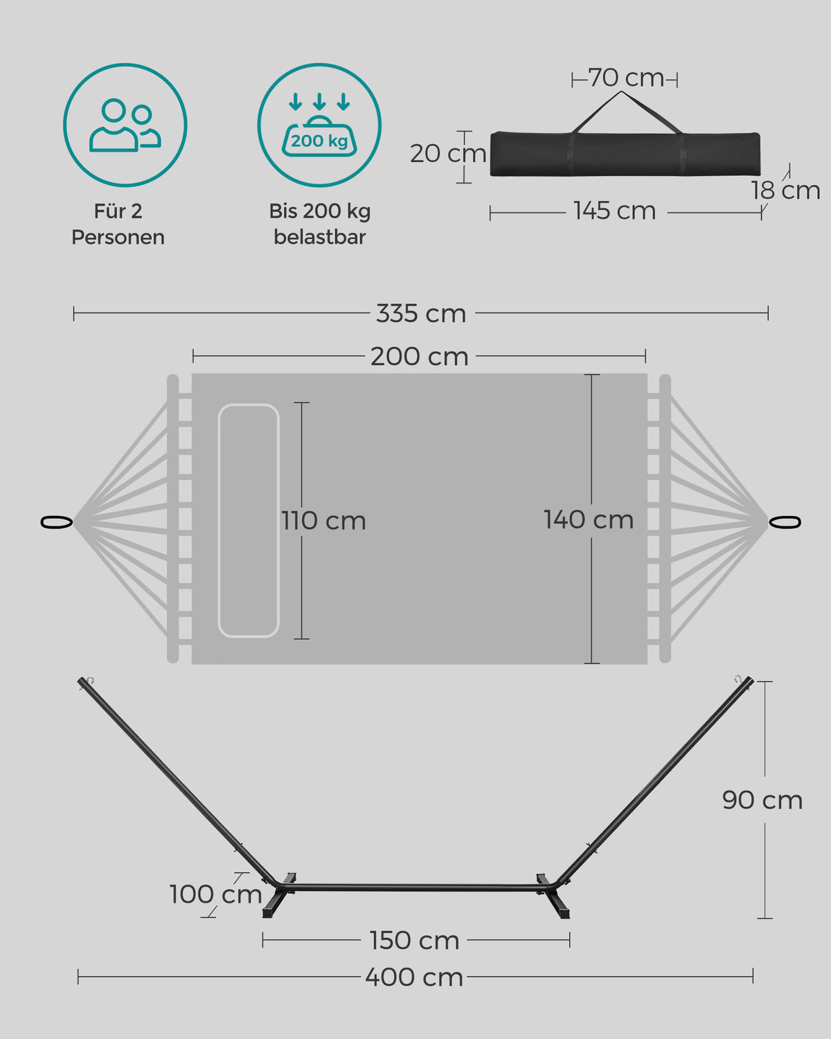 Hängematte – Metallgestell – Inklusive Kissen – Tragkraft Bis 200 kg – Maße Gestell 400 x 100 x 90 cm