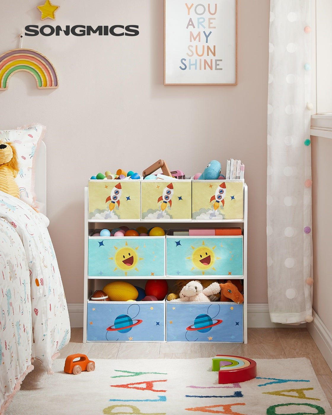 Spielzeugschrank mit 7 Aufbewahrungsboxen – Kinderzimmerschrank – Bücherregal mit Boxen – Sicher & Dekorativ