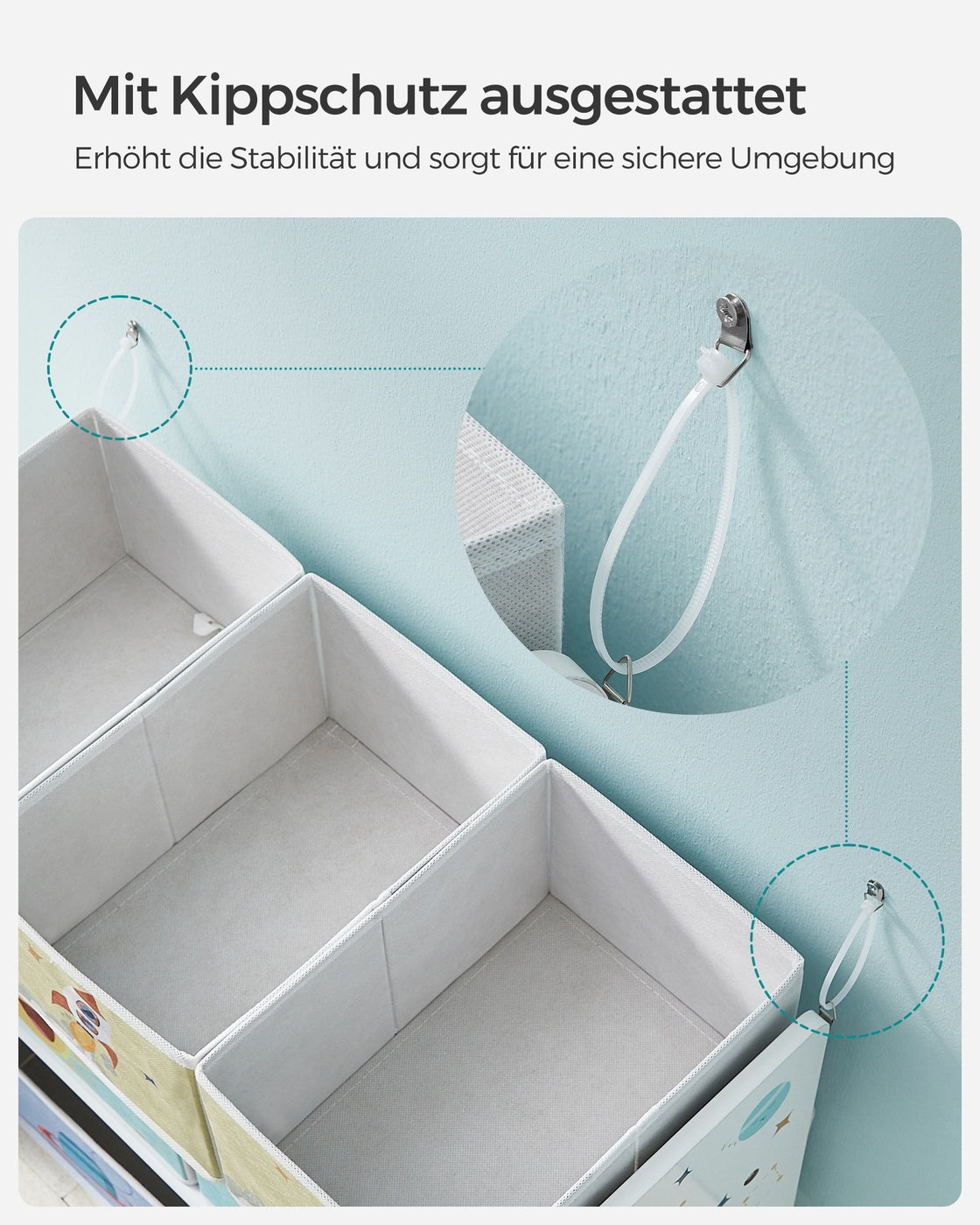 Spielzeugschrank mit 7 Aufbewahrungsboxen – Kinderzimmerschrank – Bücherregal mit Boxen – Sicher & Dekorativ