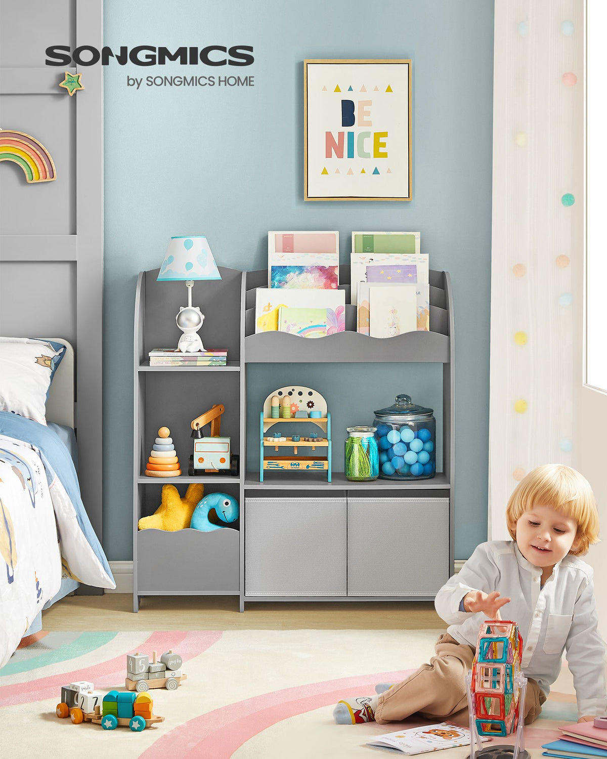 Kinderzimmer-Kleiderschrank mit 3 Einlegeböden und Stoffschubladen