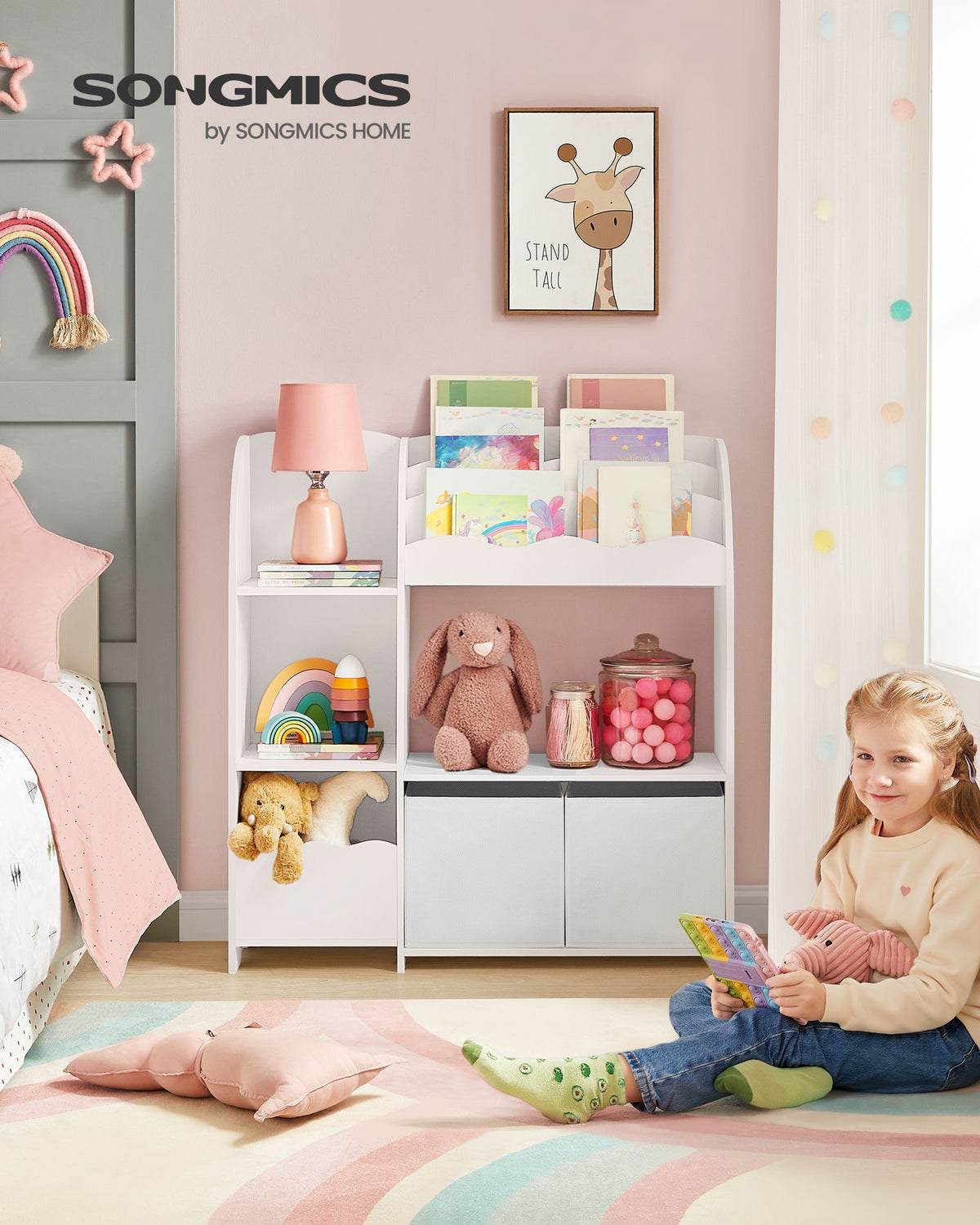 Kinderzimmer-Kleiderschrank mit 3 Einlegeböden und Stoffschubladen