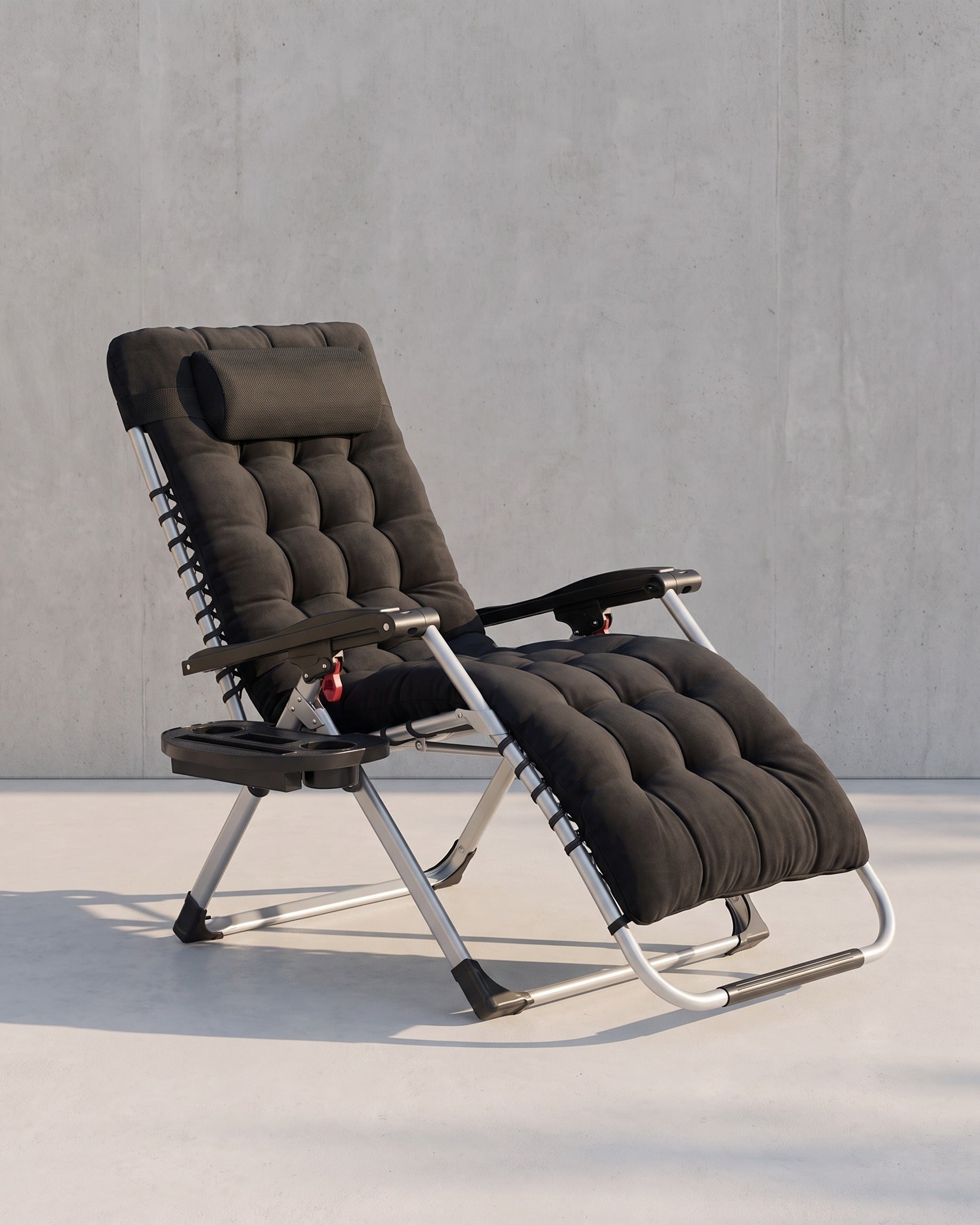 Verstellbare Liege – Relaxsessel mit Fußstütze – Klappbar – Mit Tisch und Kissen – Schwarz