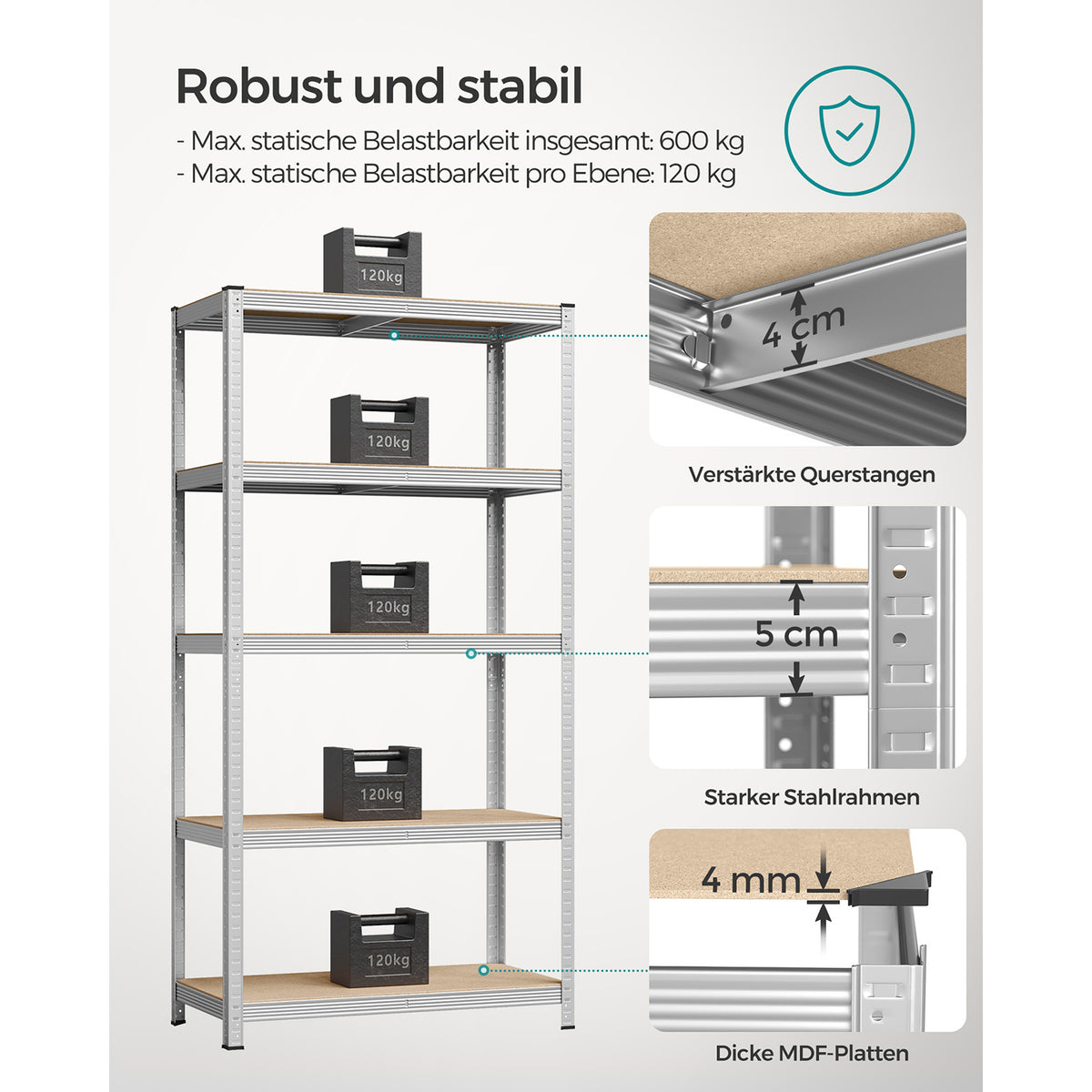 Lagerregal / Schwerlastregal – verstellbare Böden – bis 120 kg pro Boden – Stahlrahmen für Küche, Garage & Abstellraum