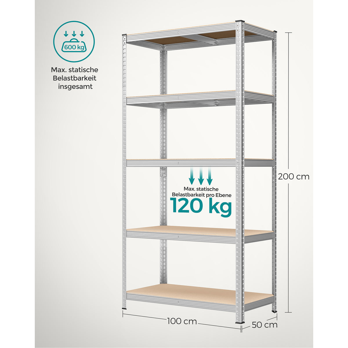 Lagerregal / Schwerlastregal – verstellbare Böden – bis 120 kg pro Boden – Stahlrahmen für Küche, Garage & Abstellraum
