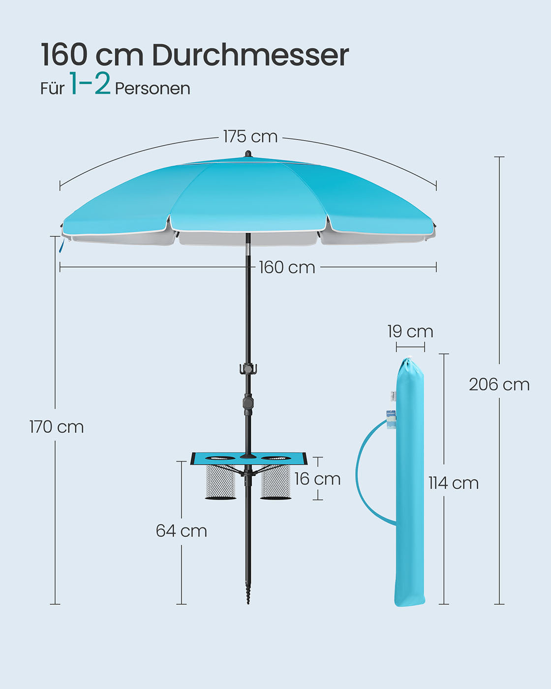 Strandsonnenschirm mit Aufbewahrung – Ø160 oder 200 cm – Verstellbar – UV-Schutz LSF 50+ – Inklusive Tragetasche