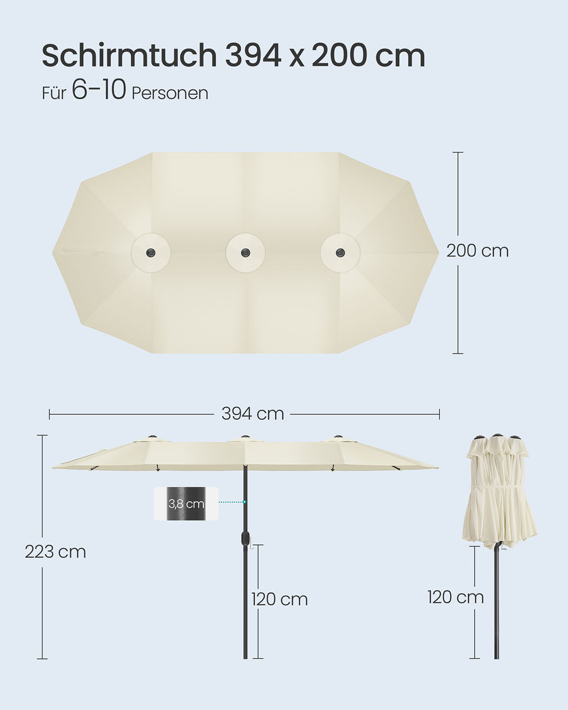 Doppelsonnenschirm 394 x 200 cm – UV-Schutz UPF 50+ – Mit Korkgirlande – Beige oder Grau