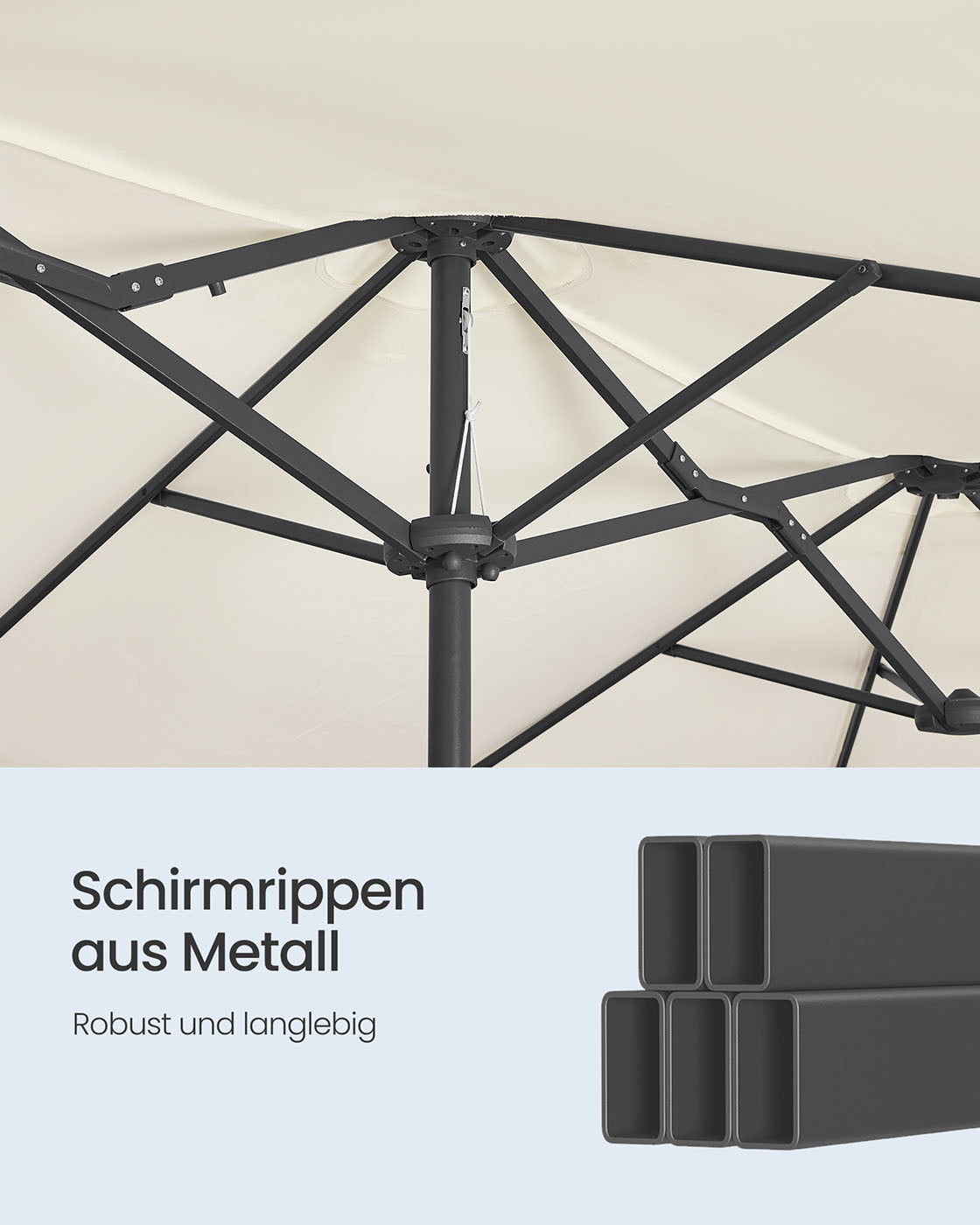 Doppelsonnenschirm 394 x 200 cm – UV-Schutz UPF 50+ – Mit Korkgirlande – Beige oder Grau