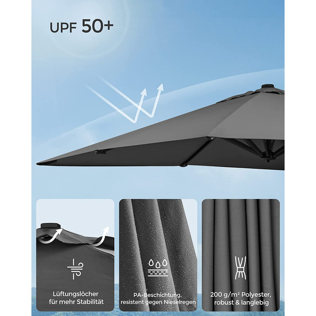 Freiarm-Sonnenschirm 290 x 290 cm – 360° drehbar – Neigungswinkel verstellbar – UPF 50+ – mit Ständer und Schutzhülle