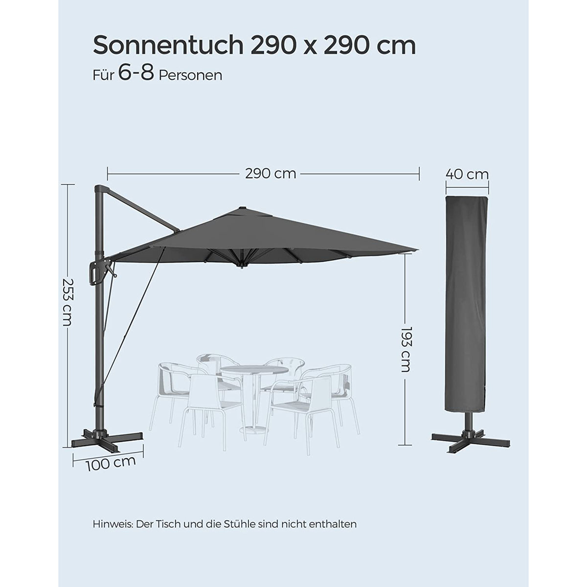 Freiarm-Sonnenschirm 290 x 290 cm – 360° drehbar – Neigungswinkel verstellbar – UPF 50+ – mit Ständer und Schutzhülle