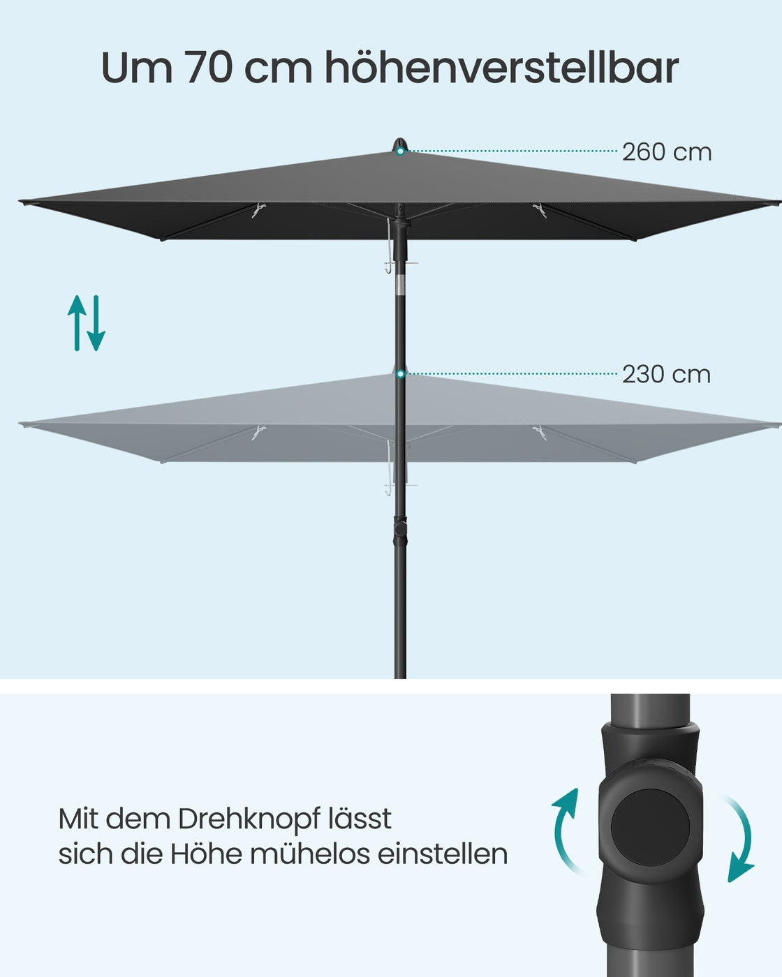 Rechteckiger Sonnenschirm – 30° neigbar – UV-Schutz 50+ – Inkl. Tragetasche – Für Balkon, Garten oder Strand