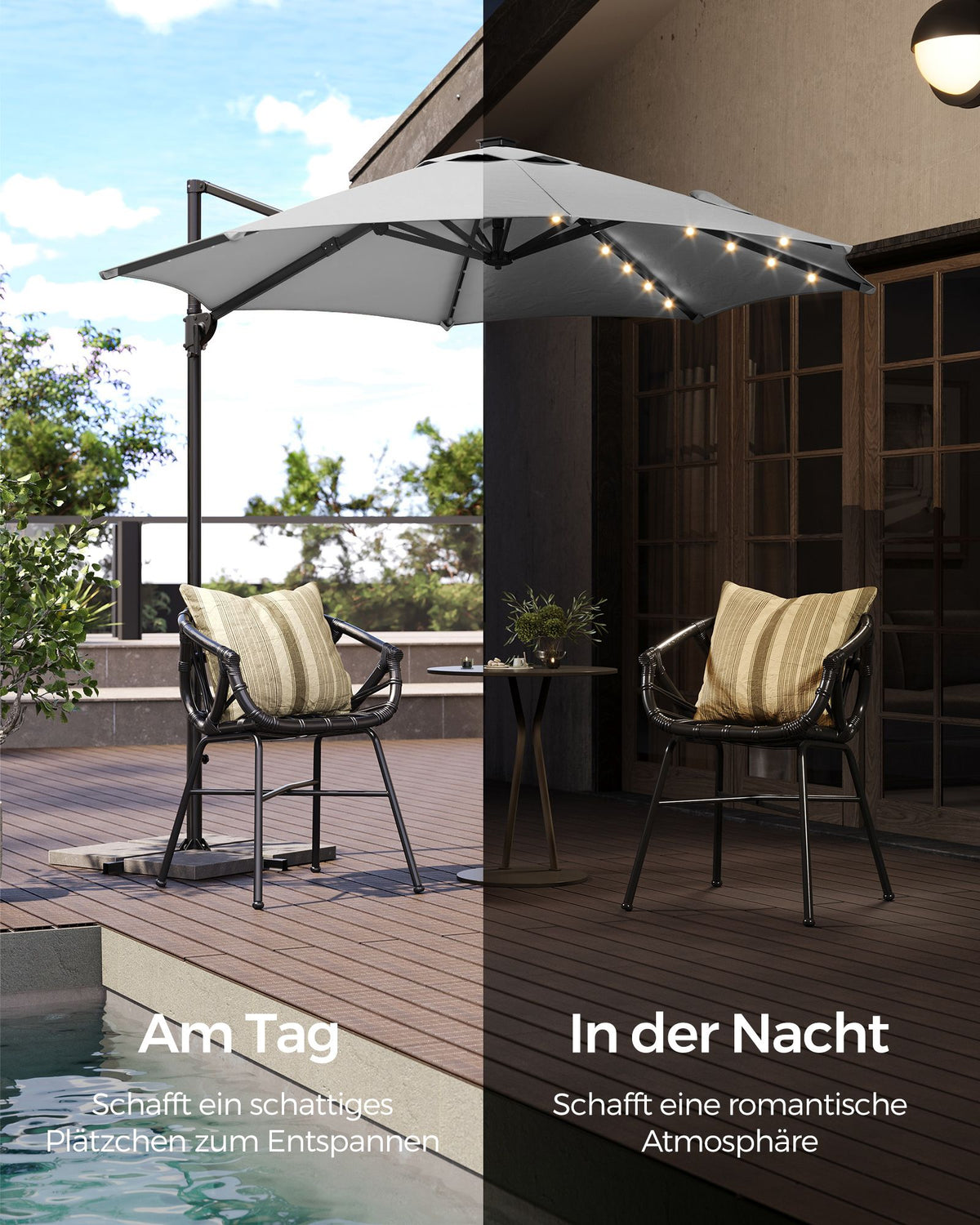 Freiarm-Sonnenschirm 300 cm mit LED-Solarbeleuchtung – 360° drehbar – stufenlos verstellbarer Neigungswinkel – UPF 50+ – mit Kurbel und Kreuzfuß
