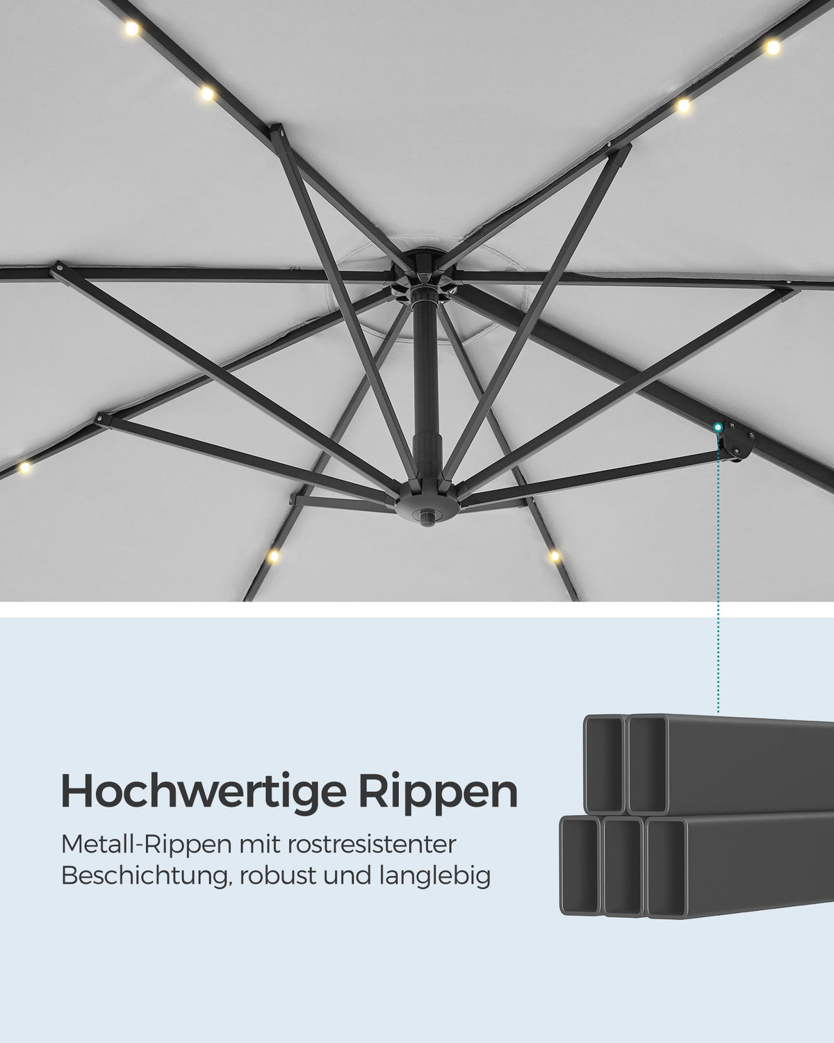 Freiarm-Sonnenschirm 300 cm mit LED-Solarbeleuchtung – 360° drehbar – stufenlos verstellbarer Neigungswinkel – UPF 50+ – mit Kurbel und Kreuzfuß