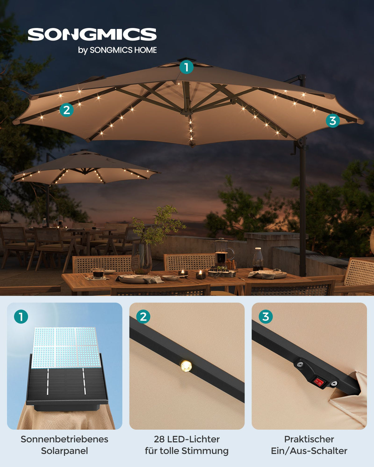 Freiarm-Sonnenschirm 300 cm mit LED-Solarbeleuchtung – 360° drehbar – stufenlos verstellbarer Neigungswinkel – UPF 50+ – mit Kurbel und Kreuzfuß