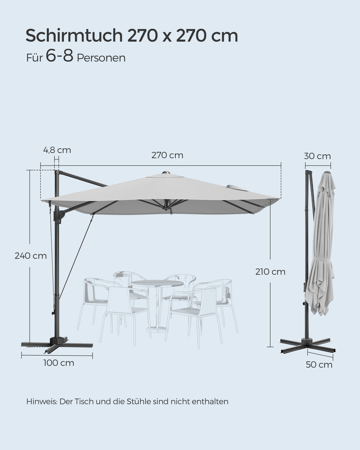 Ampelschirm 270 x 270 cm - Stufenlos verstellbar und 360° drehbar