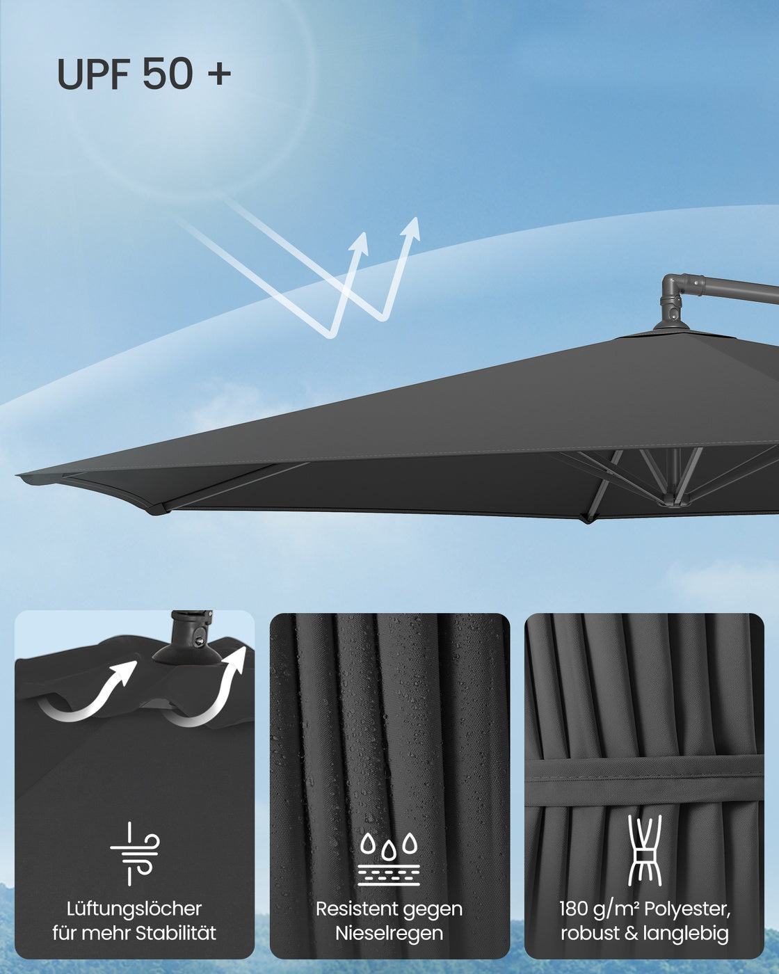 Ampelschirm Ø300 cm mit LED-Beleuchtung - Verstellbar - Solarenergie