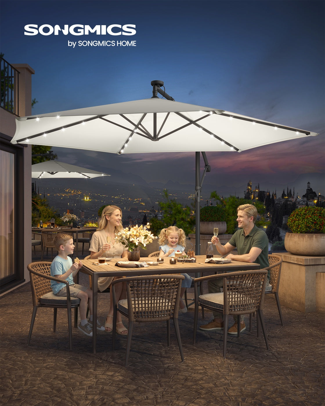 Großer Sonnenschirm 350cm - Mit LED-Beleuchtung - Für Terrasse Und Garten
