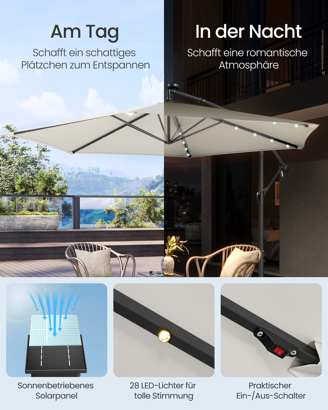 Großer Sonnenschirm 350cm - Mit LED-Beleuchtung - Für Terrasse Und Garten