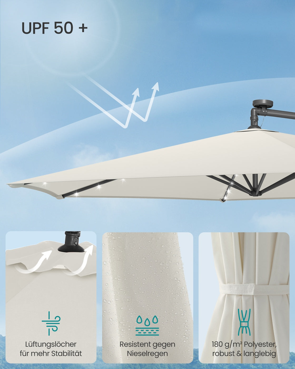 Großer Sonnenschirm 350cm - Mit LED-Beleuchtung - Für Terrasse Und Garten